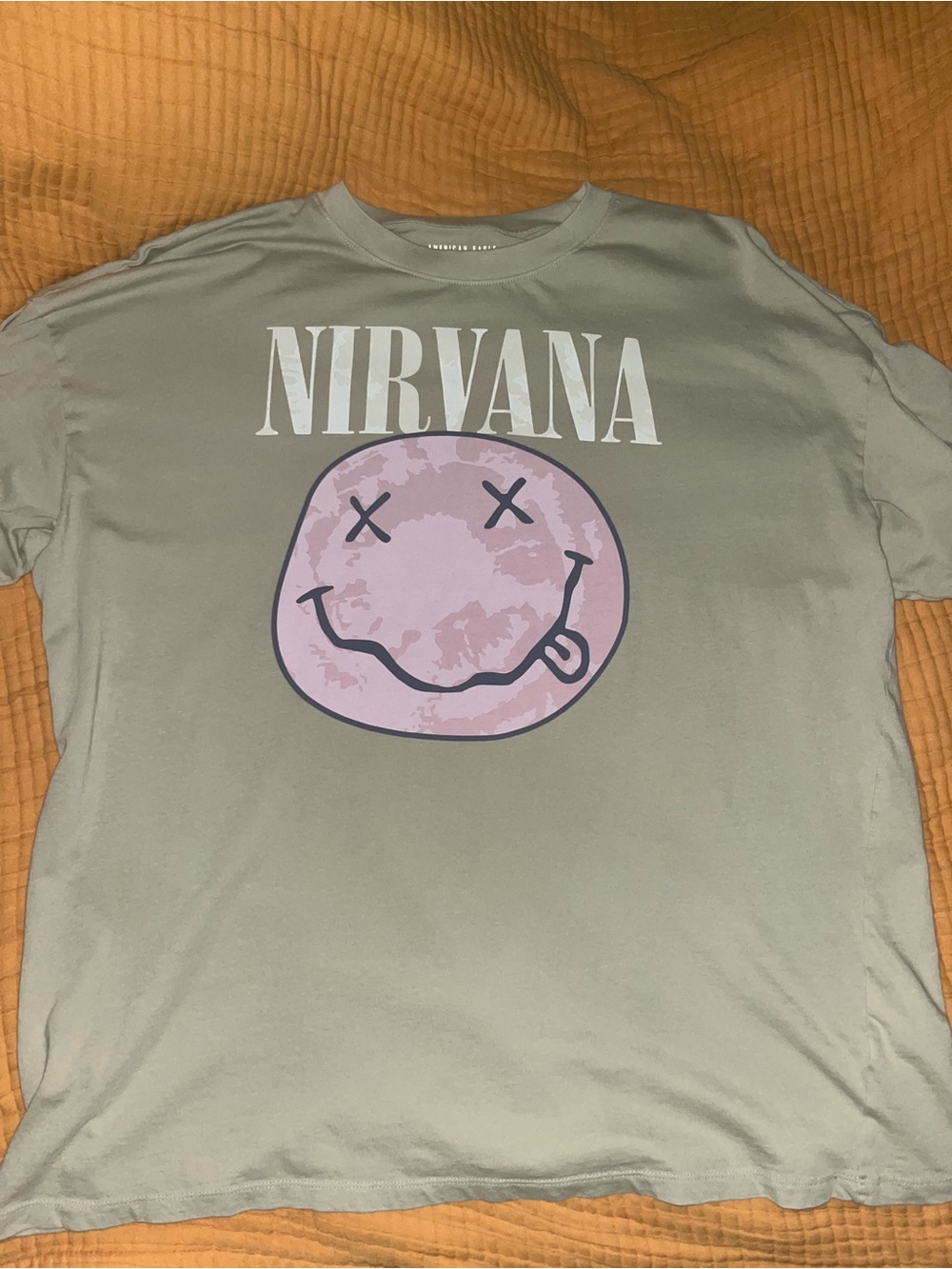 American Eagle Outfitters Nirvana Tee - Olive Green with Pink Graphic